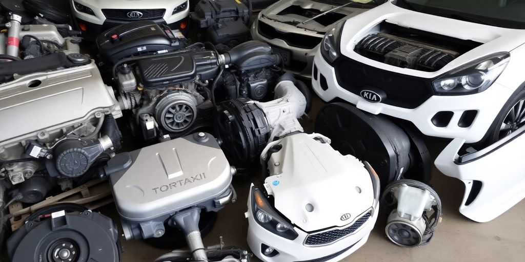 Various Kia car parts laid out.