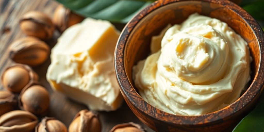 Close-up of creamy shea butter with shea nuts.