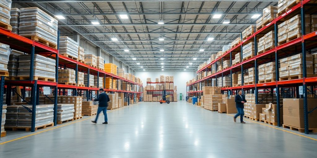 Inside view of a modern, organized warehouse with pallets.