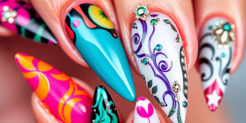Unhas stiletto com designs vibrantes e detalhes impressionantes.
