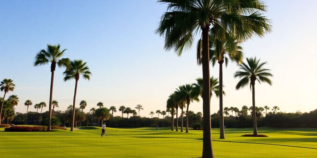 Beautiful golf course in Orlando, Florida with palm trees.