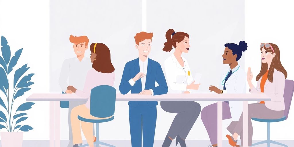 Illustrasjon av profesjonelle i et samarbeidende arbeidsmiljø.