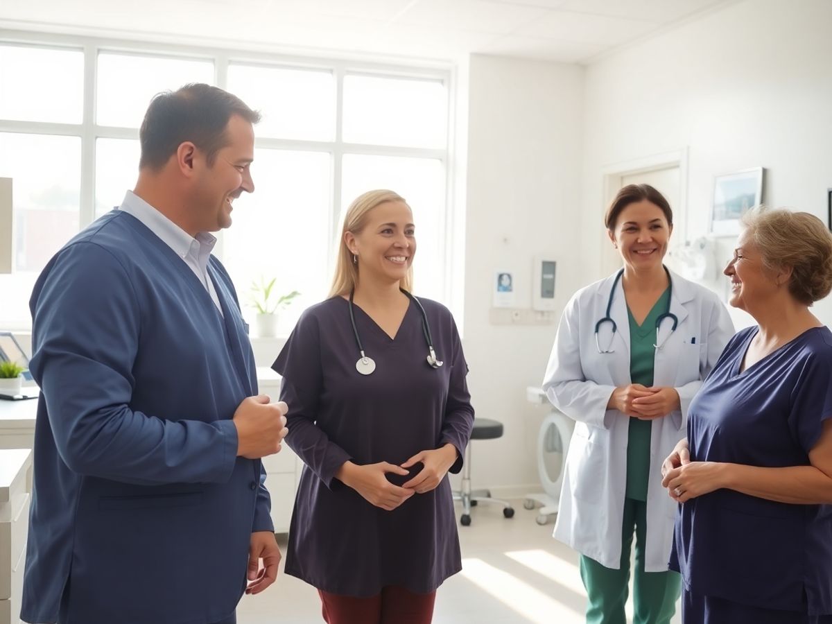 Oameni zâmbind în clinici medicale moderne.