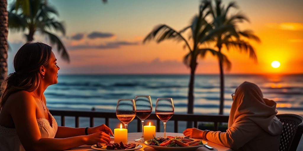Romantic couple dining by the ocean at sunset.