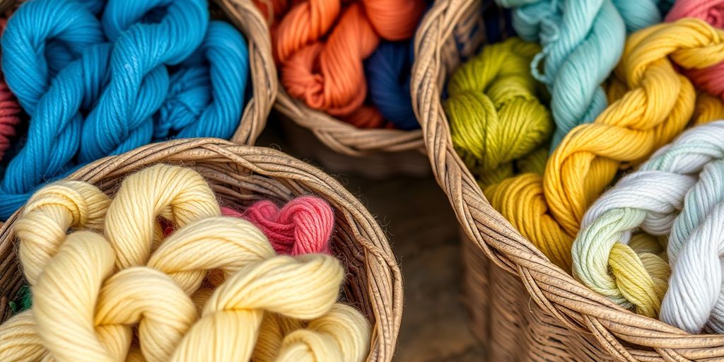 Colorful yarn skeins arranged neatly in baskets.