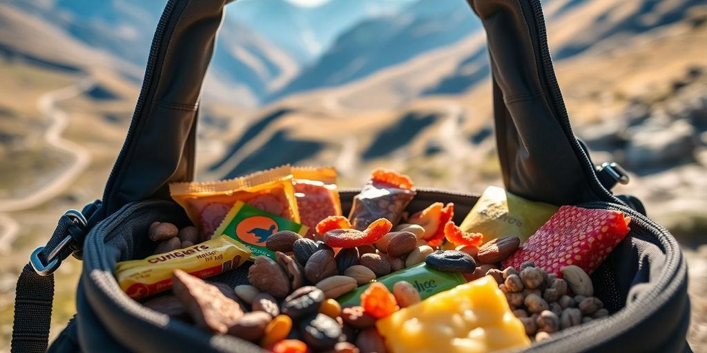 Assorted trail food in a backpack with scenic view.