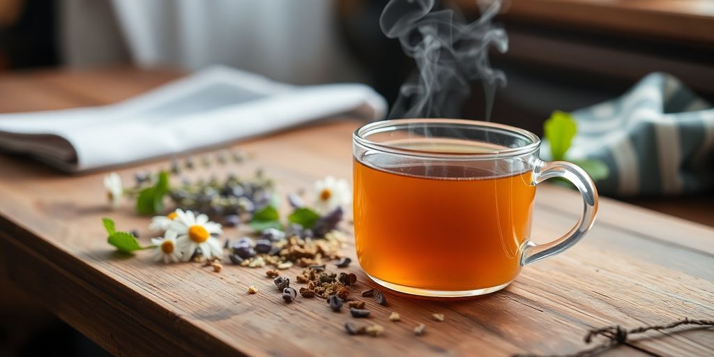Warm herbal tea, various dried herbs, cozy light.