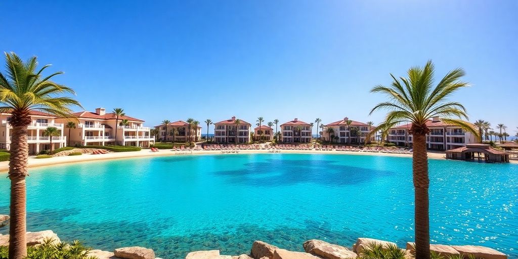 Chileno Bay Resort with palm trees and beautiful beach.