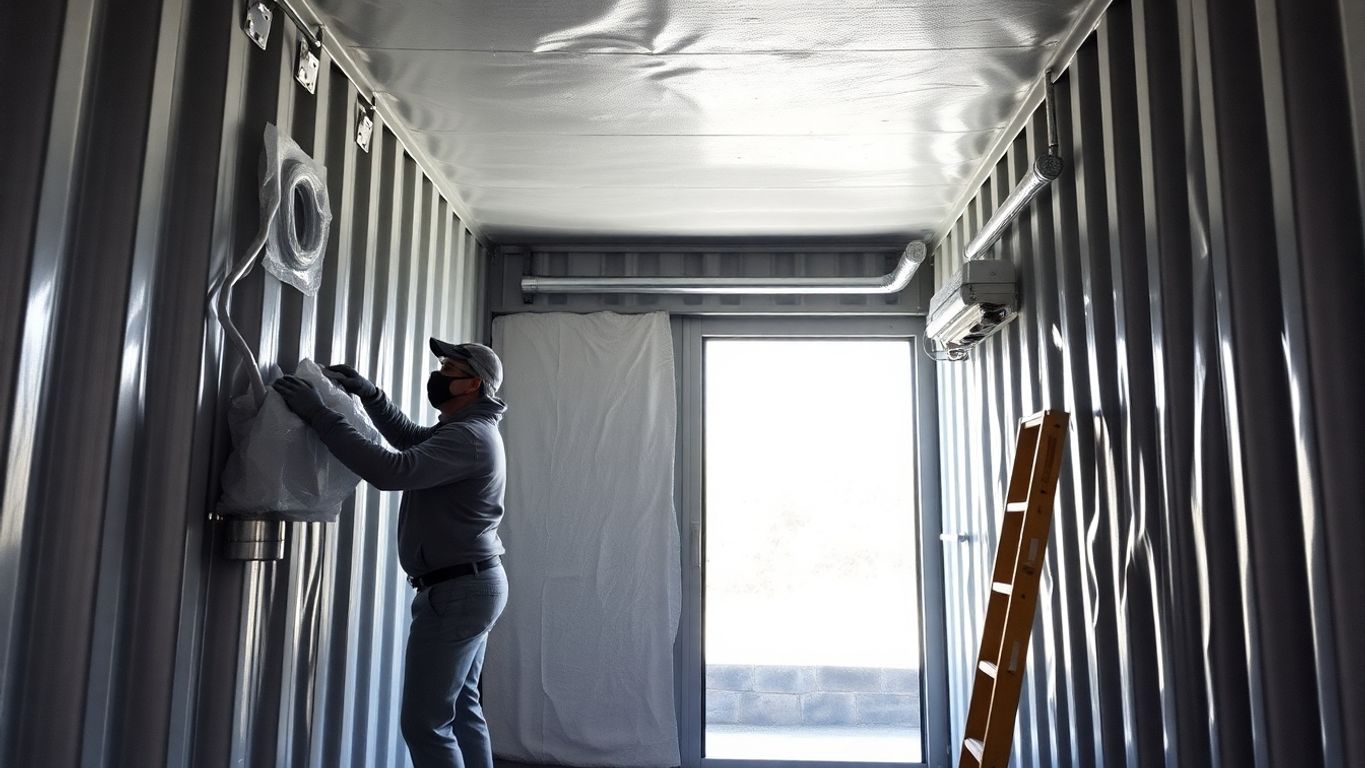 Worker wearing protective gear applying foam insulation inside shipping container.