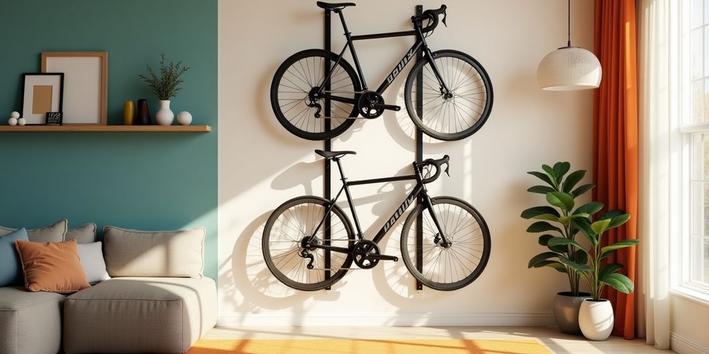 Stylish wall mount cycle rack with bicycles in a home.