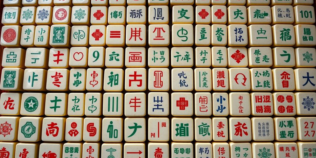 Mahjong tiles arranged in neat rows, showcasing designs.