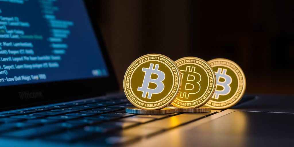 Glowing digital coins on an open laptop keyboard.