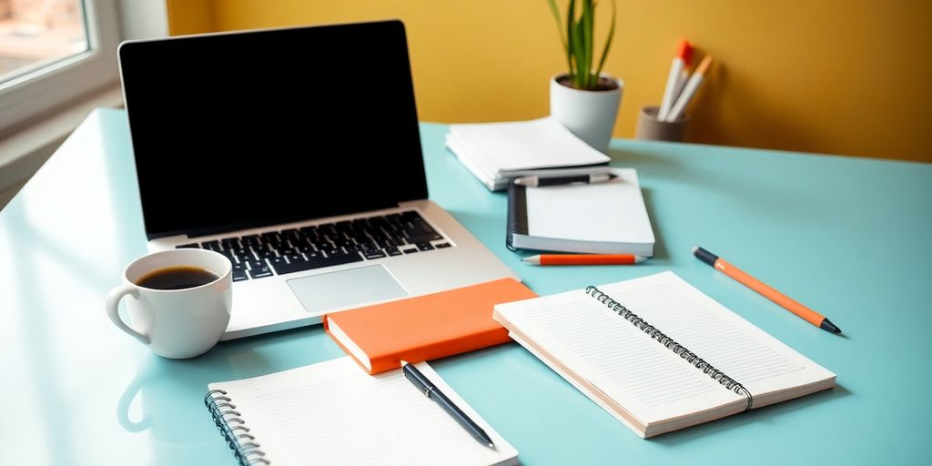 Workspace with laptop, notebooks, and coffee for planning.