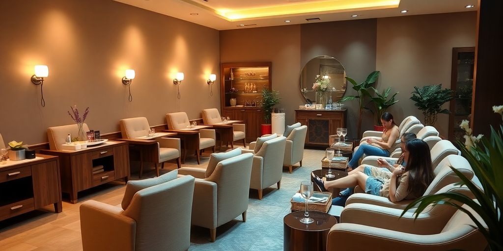 Spa interior with nail stations and relaxing atmosphere.