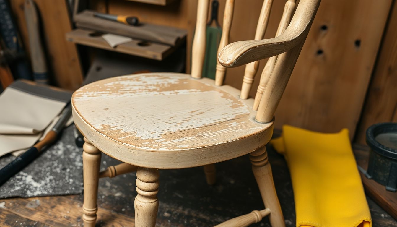 Vintage wooden chair with restoration tools on a workbench.