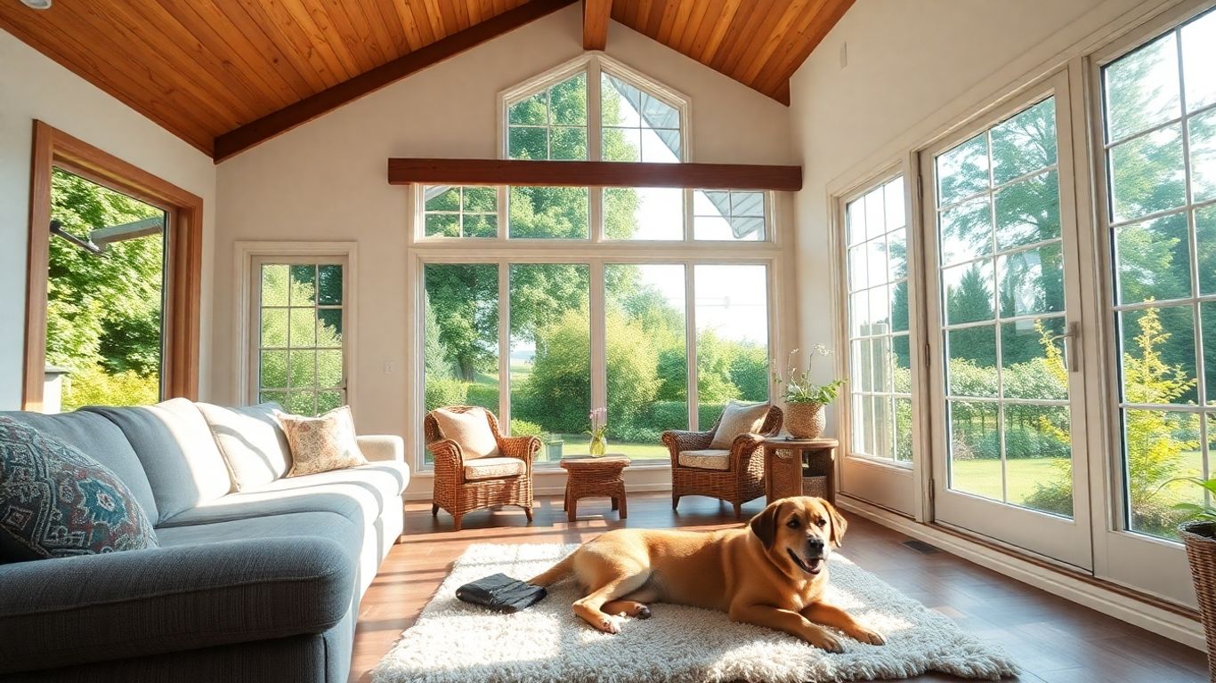 Cozy cottage living room with a happy dog enjoying sunlight.
