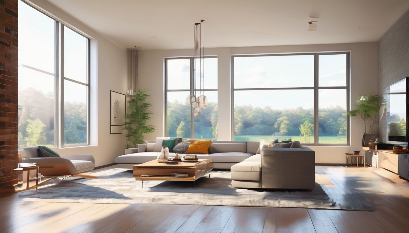 brightly lit modern living room with large windows
