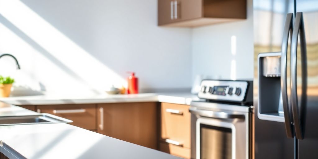 Sparkling clean kitchen counter with polished stainless steel appliances.