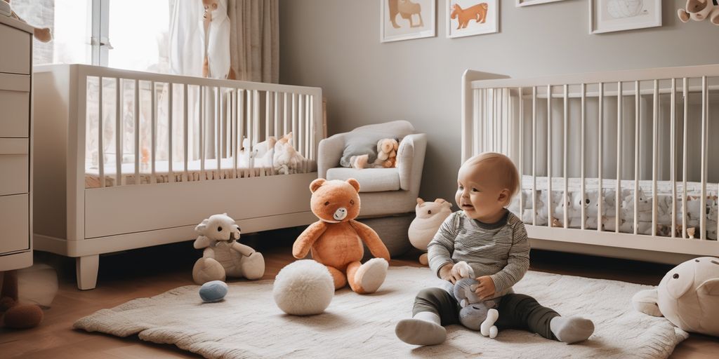 baby playing with soft toys in a safe and cozy nursery