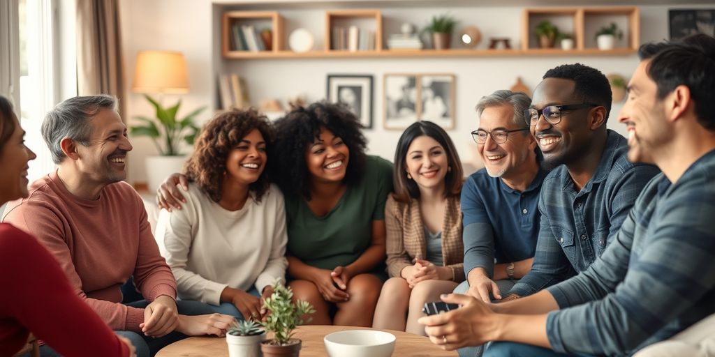 Diverse group smiling in cozy living room.