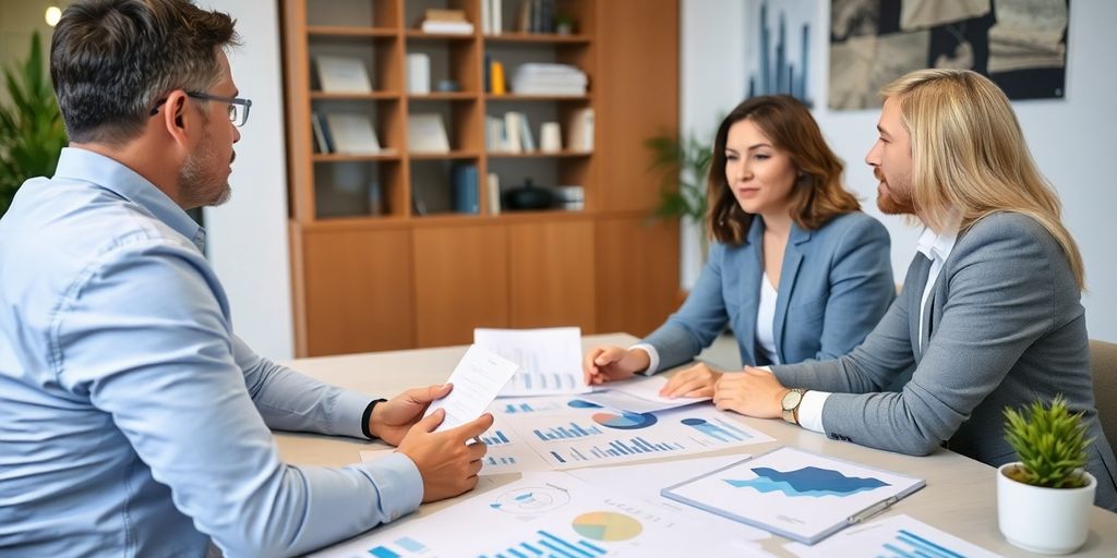 Conseiller en gestion discutant avec des clients en bureau.