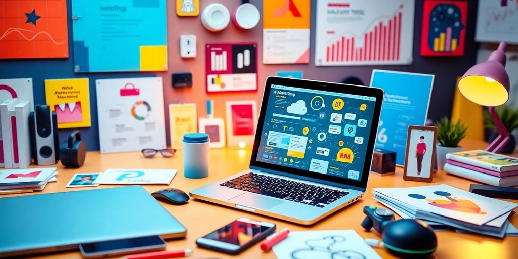 Espaço de trabalho moderno com ferramentas de marketing digital.