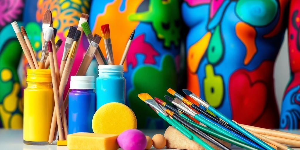 Colorful body painting supplies with artistic designs on skin.