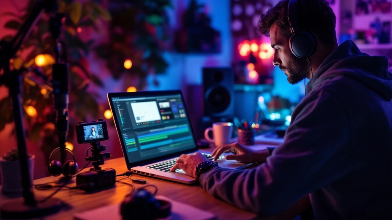 Person working on a laptop in a cozy workspace.