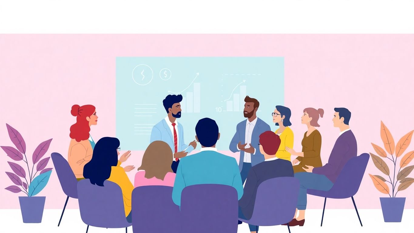 Illustrasjon av gründere som diskuterer finansiering.