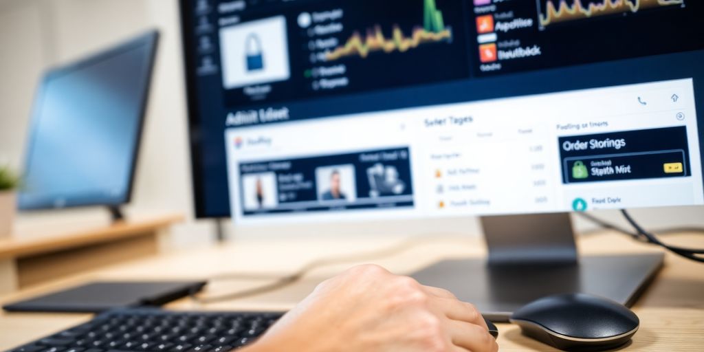 Shopify arayüzü ve e-ticaret ögeleri.