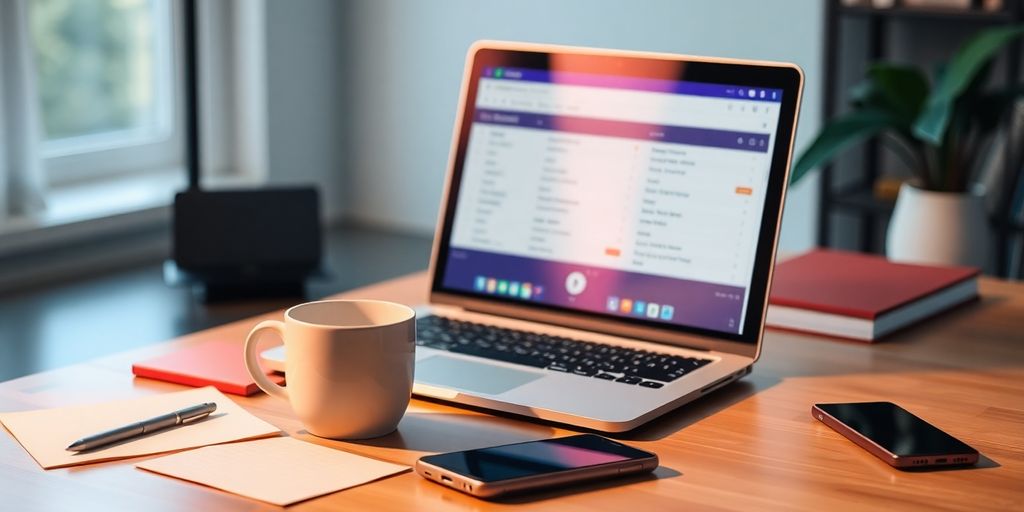 Cozy workspace with laptop and coffee for online surveys.
