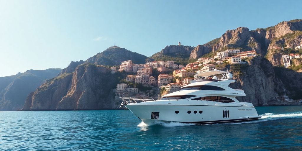 Luxury yacht sailing turquoise Amalfi Coast waters.