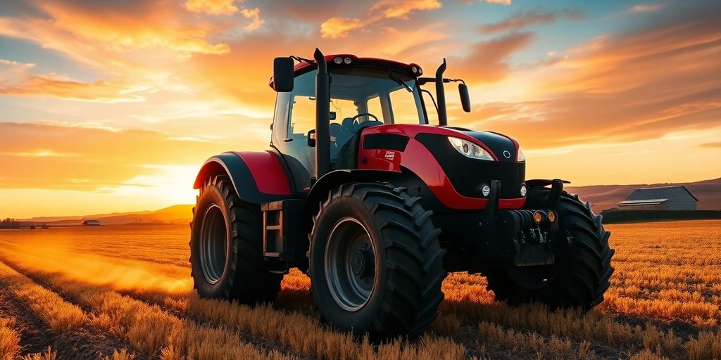 Trattore su campo con tramonto