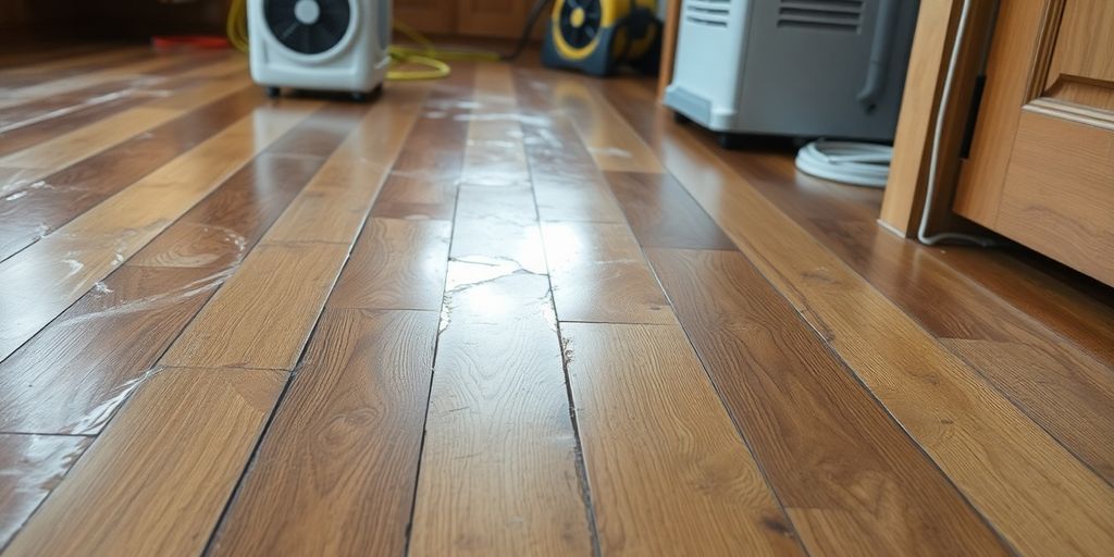 Water-damaged wooden floor with repair tools in background.