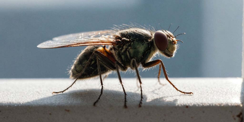 Housefly on a windowsill indoors.