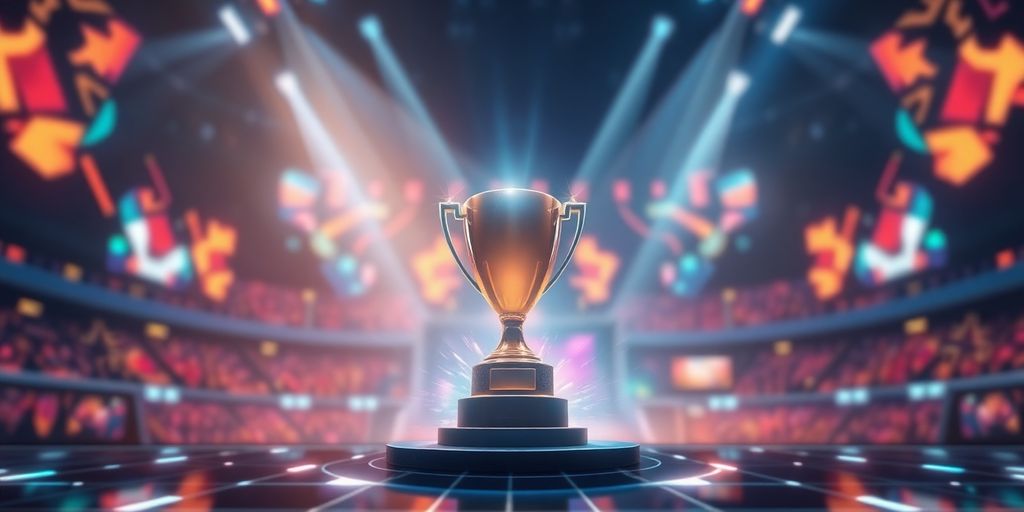 LEC trophy amidst glowing digital esports arena.