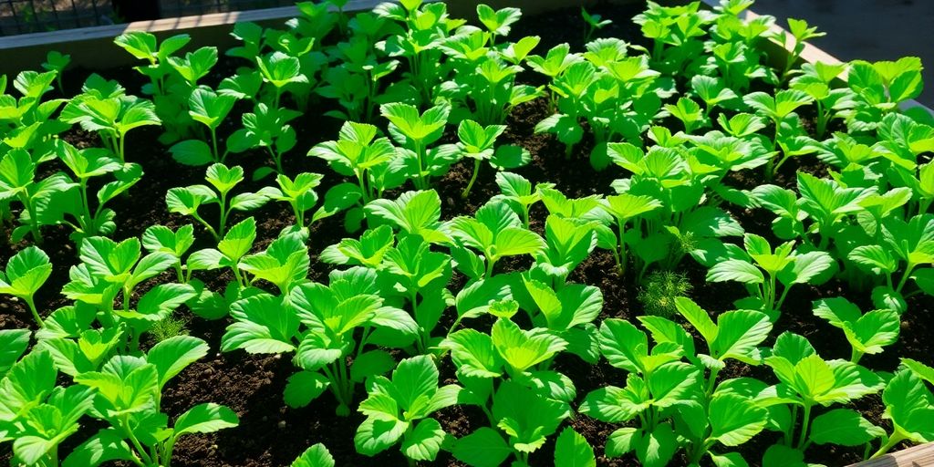 Sunlit garden bed with healthy vegetable seedlings.