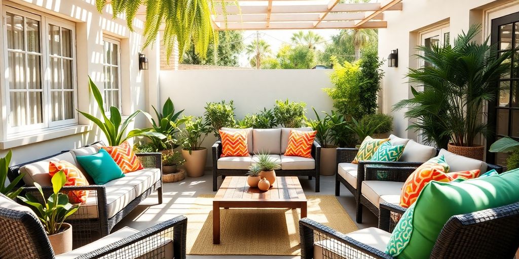 Stylish patio with comfortable furniture and potted plants.