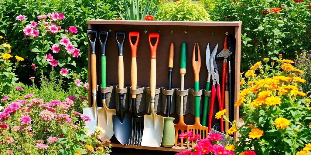 Organized garden tools in a vibrant garden setting.