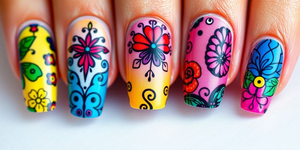 Unhas decoradas com arte manicure colorida e criativa.