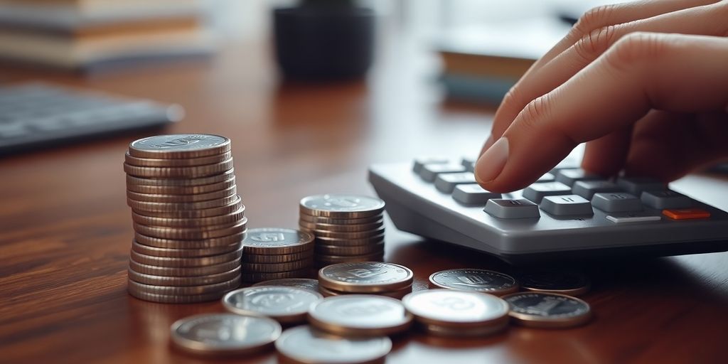 Pièces d'argent et calculatrice