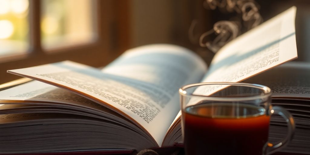 Open book with turning pages and a cup of tea.
