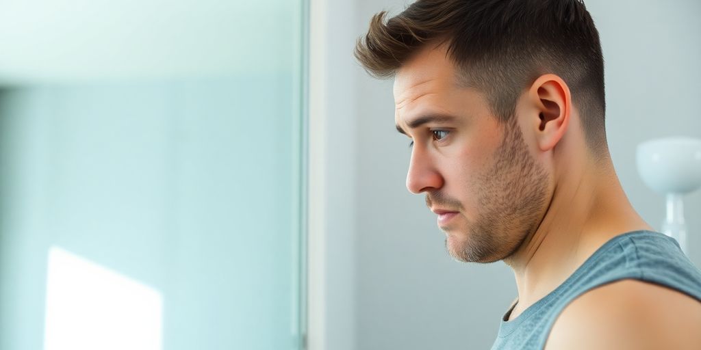 Man looking in mirror, noticing hairline.