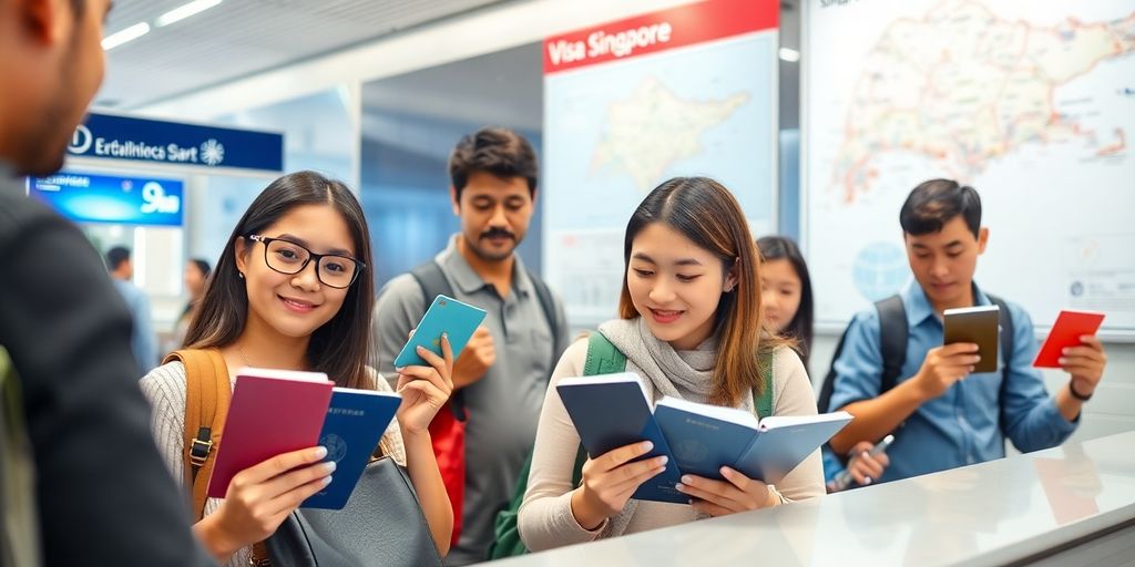 Travellers reviewing visa requirements at an airport counter.