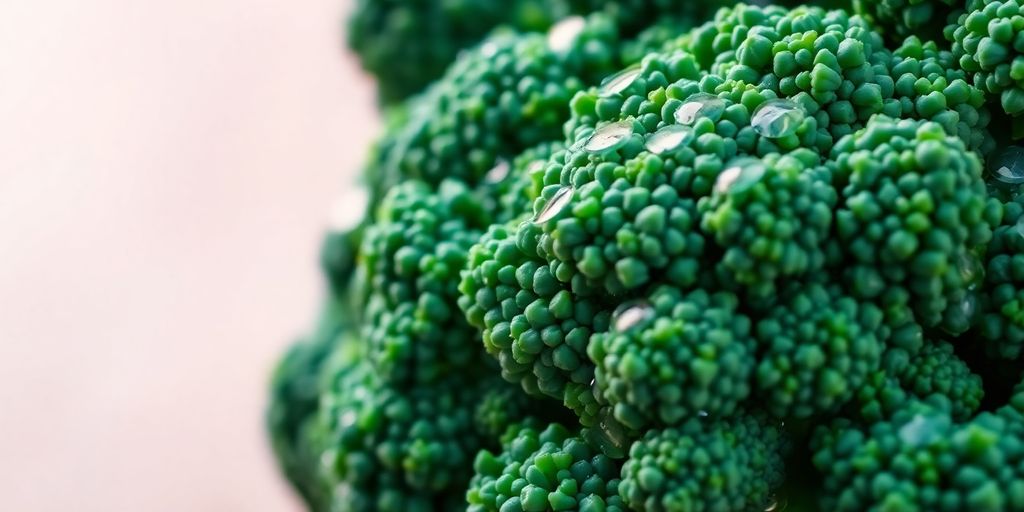 Fresh broccoli florets with water droplets on a blurred background.
