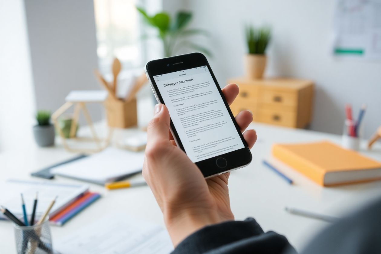 Pessoa segurando um smartphone em um ambiente de escritório.