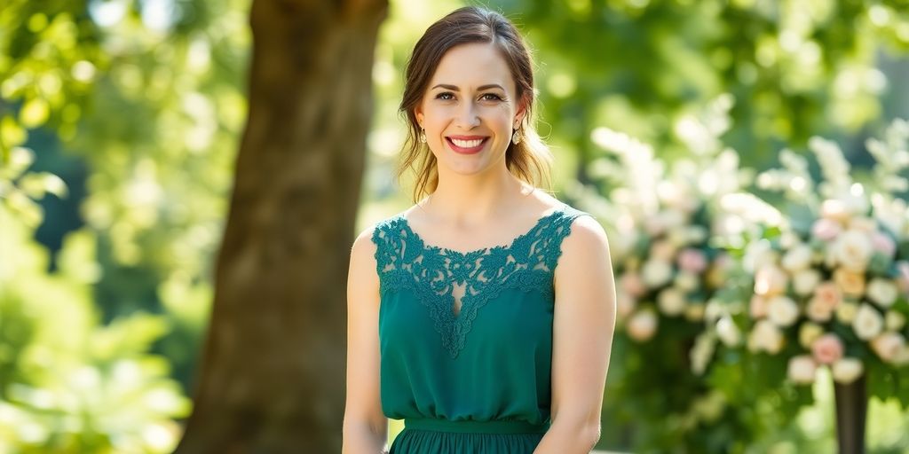 Woman in elegant wedding guest dress, smiling.