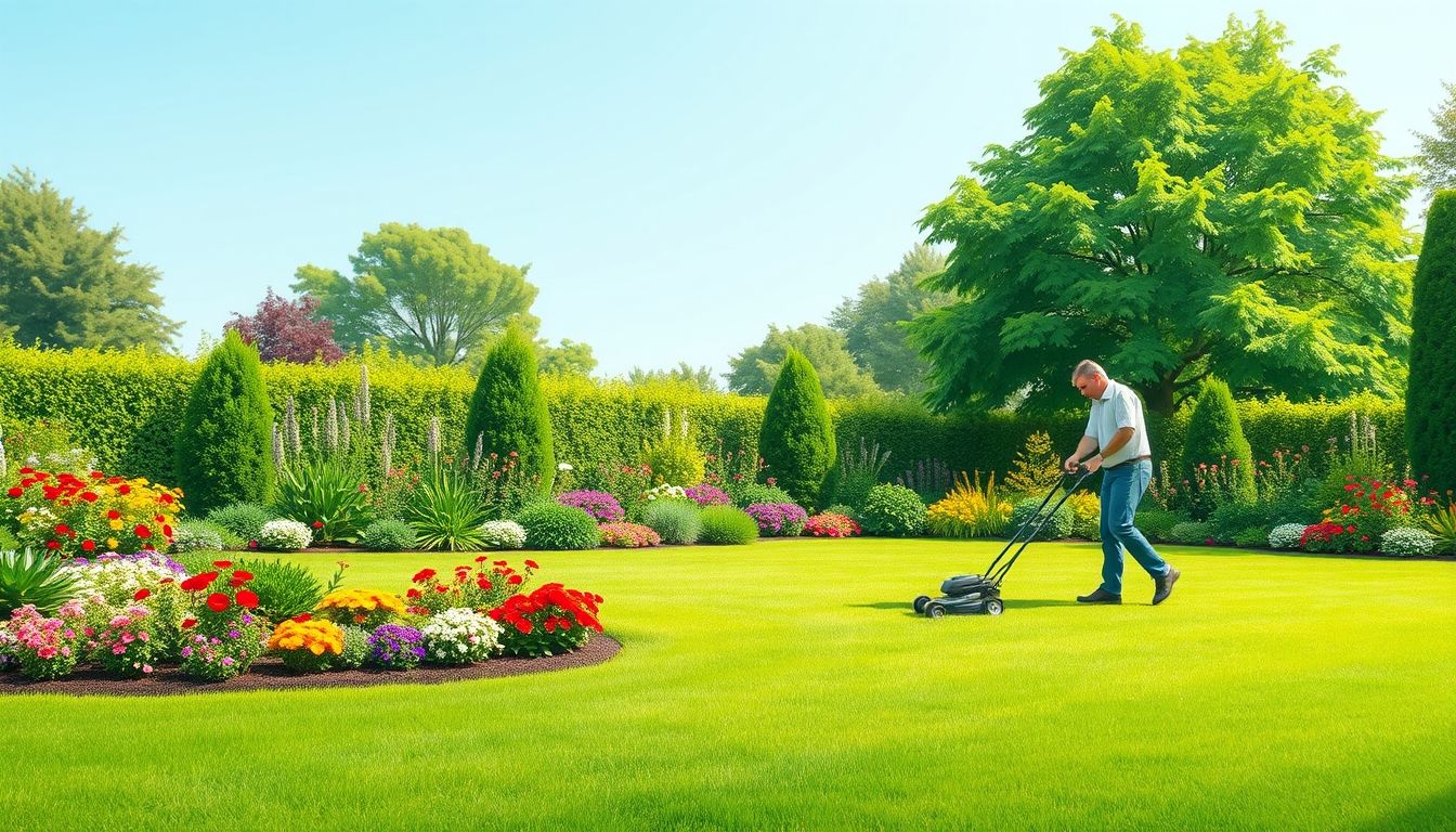 Gardener mowing a lush green lawn