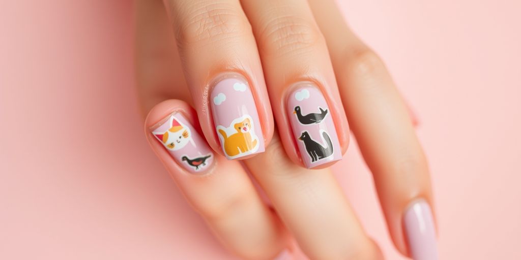 Unhas decoradas com adesivos de animais pequenos