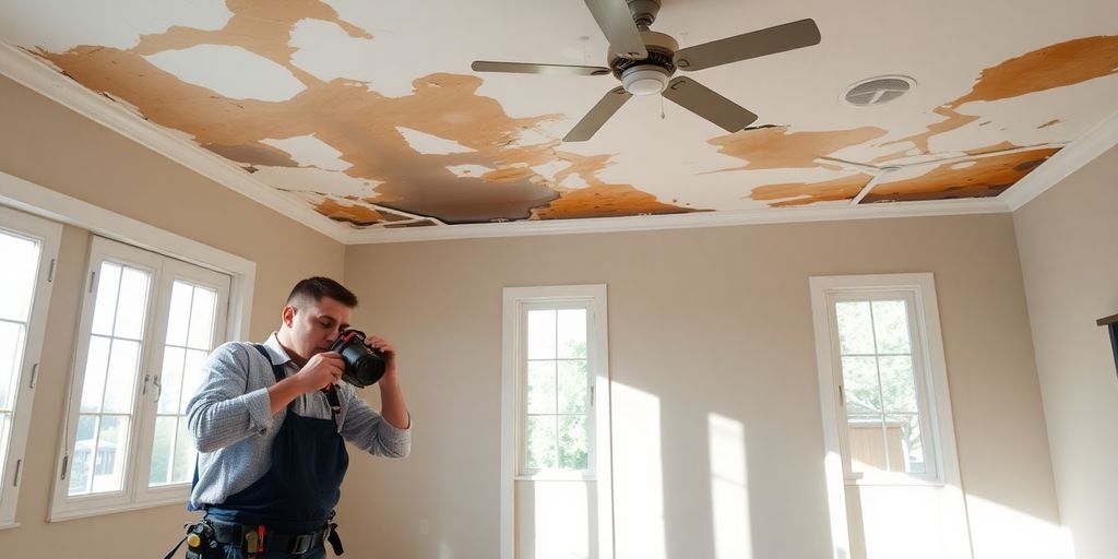 Living room water damage inspection by a restoration technician.